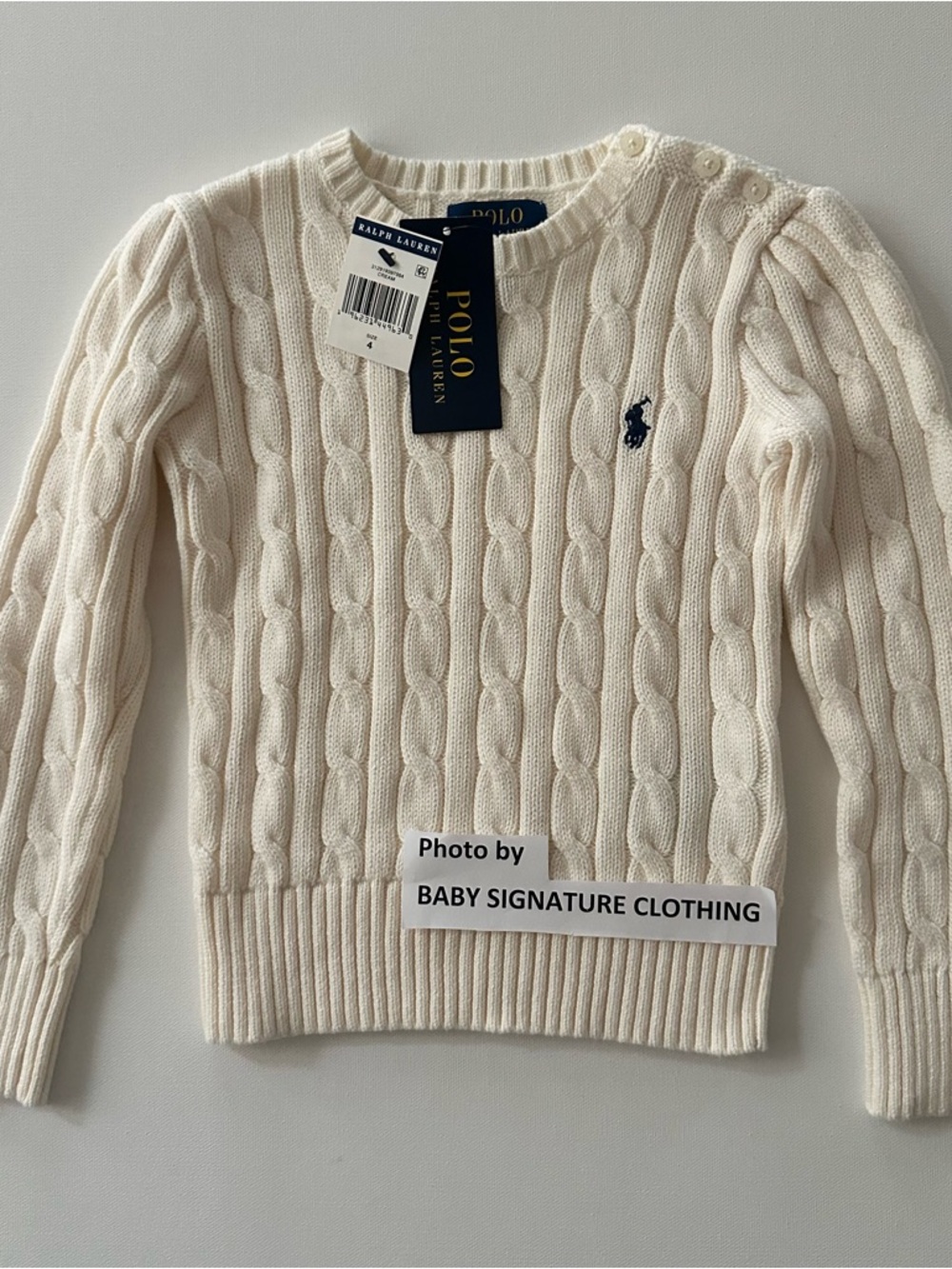 Polo Ralph Lauren Kids 4 Cream Cable-Knit Sweater Navy Pony Preppy Crew Neck NWT